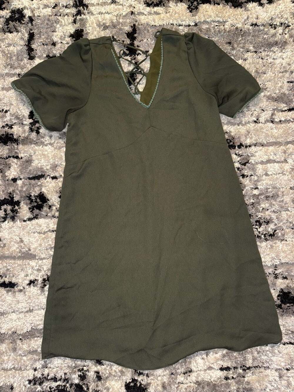 Everly Olive Green Lace-Up Front Short Sleeve Mini Shift Dress